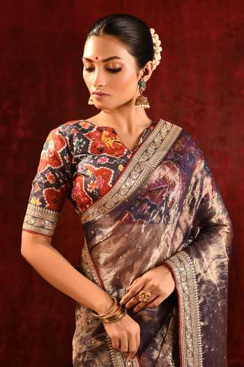 Buy_singhanias_Brown Tissue V-neck Saree With Running Blouse Fabric 