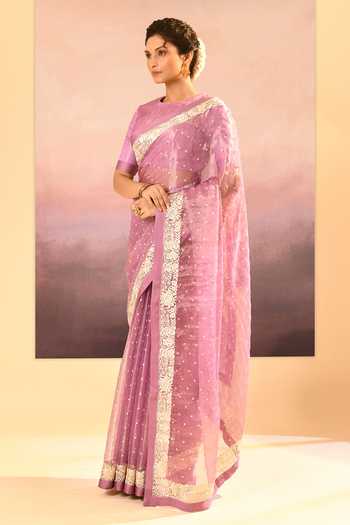 Buy_singhanias_Pink Tissue Saree With Running Blouse Fabric _Online_at_Aza_Fashions