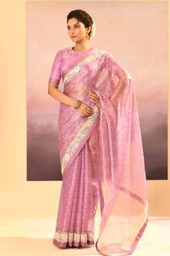 Shop_singhanias_Pink Tissue Saree With Running Blouse Fabric _Online_at_Aza_Fashions