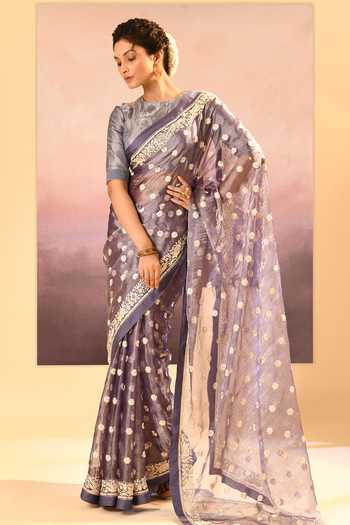 Shop_singhanias_Blue Tissue Saree With Running Blouse Fabric _Online_at_Aza_Fashions