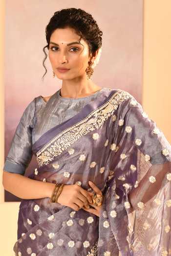 singhanias_Blue Tissue Saree With Running Blouse Fabric _at_Aza_Fashions