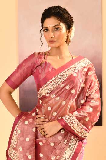 Buy_singhanias_Pink Tissue Saree With Running Blouse Fabric _Online_at_Aza_Fashions