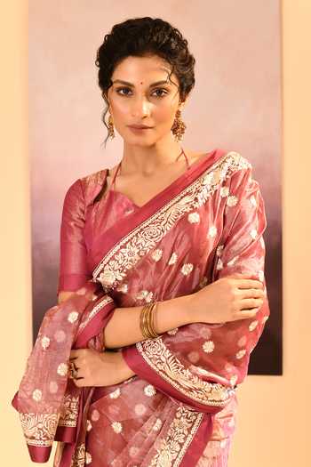 singhanias_Pink Tissue Saree With Running Blouse Fabric _at_Aza_Fashions