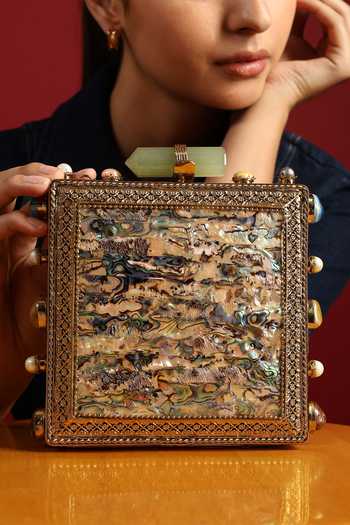 House of Webhin_Gold Mother Of Pearl Clutch _Online_at_Aza_Fashions
