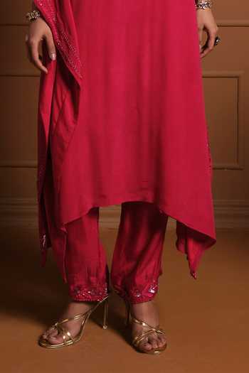 Sonia Khatri Red Chiffon, Silk Round Neck The Nazneen Embroidered Kaftan And Pant Set at Aza Fashions Sonia Khatri_Red Chiffon, Silk Round Neck The Nazneen Embroidered Kaftan And Pant Set _at_Aza_Fashions