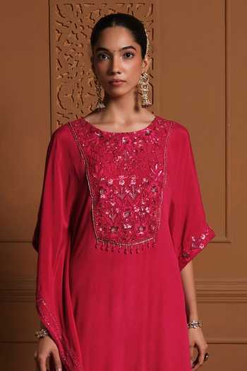 Buy Sonia Khatri Red Chiffon, Silk Round Neck The Nazneen Embroidered Kaftan And Pant Set Buy_Sonia Khatri_Red Chiffon, Silk Round Neck The Nazneen Embroidered Kaftan And Pant Set