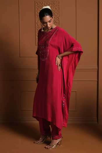 Shop Sonia Khatri Red Chiffon, Silk Round Neck The Nazneen Embroidered Kaftan And Pant Set Shop_Sonia Khatri_Red Chiffon, Silk Round Neck The Nazneen Embroidered Kaftan And Pant Set