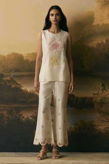 Chandrima_Ivory Chanderi Round Neck Floral Blossom Top _Online_at_Aza_Fashions