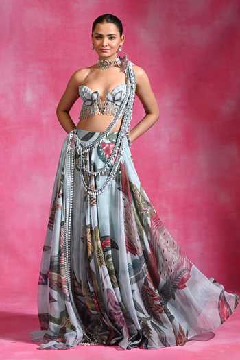 Rishi and Vibhuti Chaand Baag Braided Hand Cape & Lehenga Set 