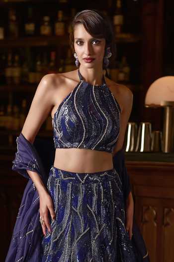 Shop_Varun Chakkilam_Blue Organza, Satin Halter Neck Cosmic Embellished Lehenga Set 