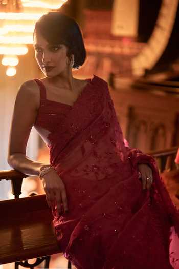 Shop_Varun Chakkilam_Red Organza One Shoulder Crimson Whisper Saree Set _Online_at_Aza_Fashions