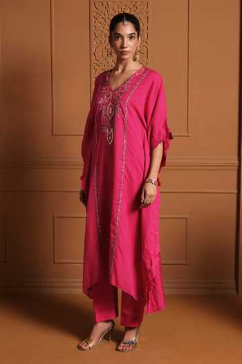 Buy Sonia Khatri Pink Organza V-neck The Shama Embroidered Kaftan And Pant Set Online at Aza Fashions Buy_Sonia Khatri_Pink Organza V-neck The Shama Embroidered Kaftan And Pant Set _Online_at_Aza_Fashions