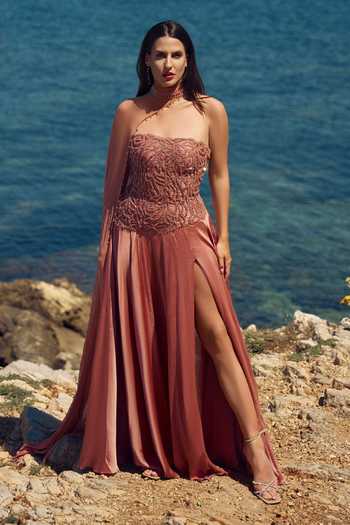 Nitika Gujral Peach Etoile Embellished Gown With Cape 