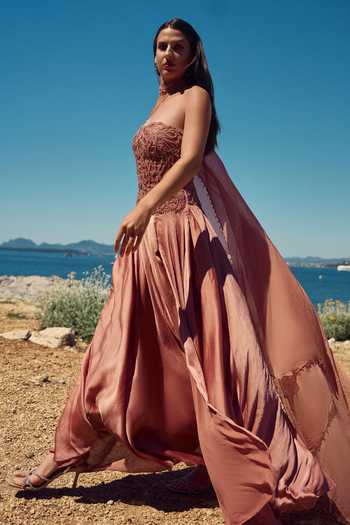 Buy Nitika Gujral Peach Satin, Chiffon Embroidery, Sequins Etoile Embellished Gown With Cape Buy_Nitika Gujral_Peach Satin, Chiffon Embroidery, Sequins Etoile Embellished Gown With Cape