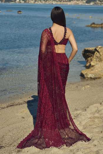 Nitika Gujral Burgundy Satin, Net, Chantilly Halter Neck Crystal Pre-draped Saree With Blouse Online at Aza Fashions Nitika Gujral_Burgundy Satin, Net, Chantilly Halter Neck Crystal Pre-draped Saree With Blouse _Online_at_Aza_Fashions