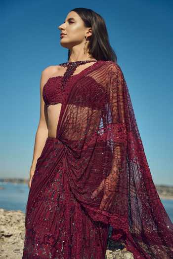 Buy Nitika Gujral Burgundy Satin, Net, Chantilly Halter Neck Crystal Pre-draped Saree With Blouse Online at Aza Fashions Buy_Nitika Gujral_Burgundy Satin, Net, Chantilly Halter Neck Crystal Pre-draped Saree With Blouse _Online_at_Aza_Fashions