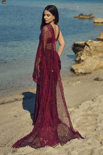 Shop Nitika Gujral Burgundy Satin, Net, Chantilly Halter Neck Crystal Pre-draped Saree With Blouse Online at Aza Fashions Shop_Nitika Gujral_Burgundy Satin, Net, Chantilly Halter Neck Crystal Pre-draped Saree With Blouse _Online_at_Aza_Fashions