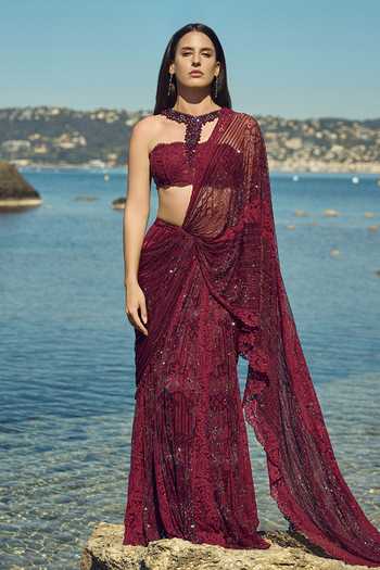 Nitika Gujral Burgundy Satin, Net, Chantilly Halter Neck Crystal Pre-draped Saree With Blouse at Aza Fashions Nitika Gujral_Burgundy Satin, Net, Chantilly Halter Neck Crystal Pre-draped Saree With Blouse _at_Aza_Fashions