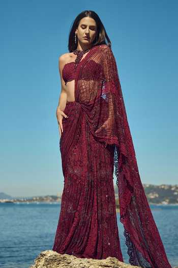 Buy Nitika Gujral Burgundy Satin, Net, Chantilly Halter Neck Crystal Pre-draped Saree With Blouse Buy_Nitika Gujral_Burgundy Satin, Net, Chantilly Halter Neck Crystal Pre-draped Saree With Blouse