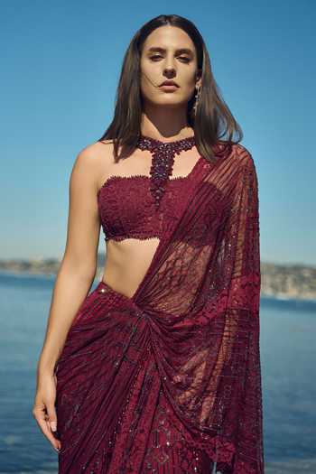 Shop Nitika Gujral Burgundy Satin, Net, Chantilly Halter Neck Crystal Pre-draped Saree With Blouse Shop_Nitika Gujral_Burgundy Satin, Net, Chantilly Halter Neck Crystal Pre-draped Saree With Blouse