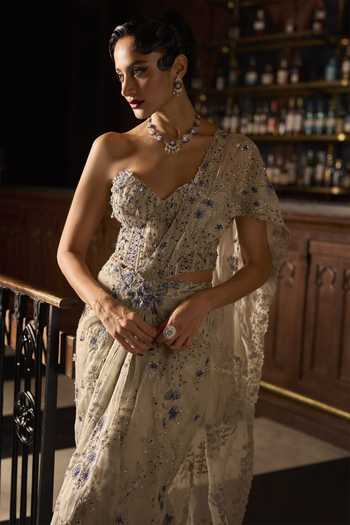Varun Chakkilam_Silver Organza, Satin Embroidery, Sequins, Beads, Frost Draped Saree With Corset _at_Aza_Fashions