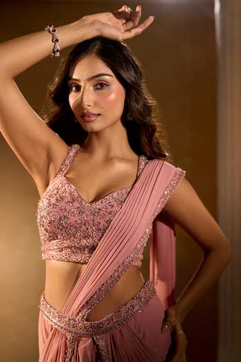 Aariyana Couture Peach Embellished Pre-Draped Saree With Blouse 