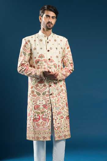 Arihant Rai Sinha Cream & Red Embroidered Sherwani Set 