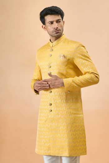 Arihant Rai Sinha Yellow Jacquard Sherwani & White Pant Set 