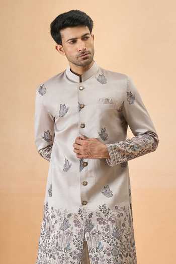 Arihant Rai Sinha Grey Thread Embroidered Sherwani Set 