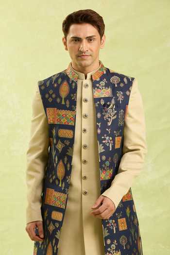 Arihant Rai Sinha Blue Beige Jacquard Nehru Jacket Set 