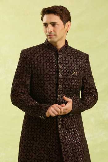 Arihant Rai Sinha Maroon Velvet Thread Work Sherwani Set 
