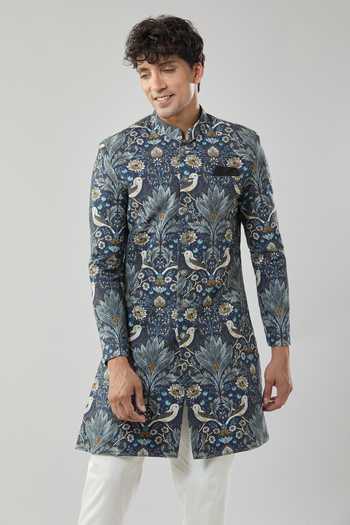 Arihant Rai Sinha Floral Print Blue Sherwani & White Pollo Pant 