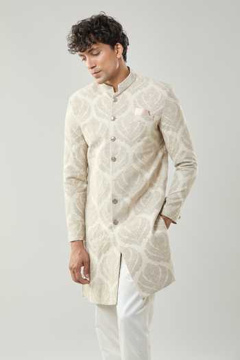 Buy Arihant Rai Sinha Beige Woven Jacquard Sherwani And White Pollo Pant at Aza Fashions Buy_Arihant Rai Sinha_Beige Woven Jacquard Sherwani And White Pollo Pant _at_Aza_Fashions