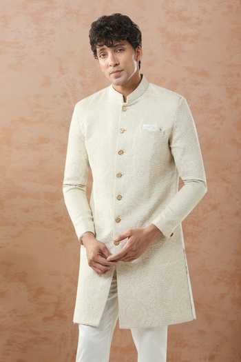 Arihant Rai Sinha Golden Woven Jacquard Sherwani Set 