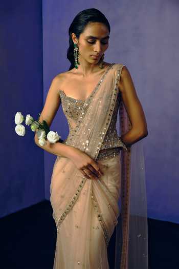 Dolly J_Beige Satin, Tulle Mirrors Sweetheart Neck The Afterglow Draped Saree Set _Online_at_Aza_Fashions