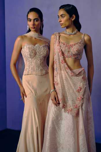 Shop Dolly J Pink Crepe, Net, Sweetheart Neck Petal Elan Corset And Skirt Set Online at Aza Fashions Shop_Dolly J_Pink Crepe, Net, Sweetheart Neck Petal Elan Corset And Skirt Set _Online_at_Aza_Fashions