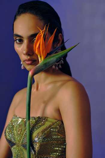 Dolly J Lime Net Embroidery, Beads, Ruffles Bandeau Neck Paradise Bloom Ball Gown Online at Aza Fashions Dolly J_Lime Net Embroidery, Beads, Ruffles Bandeau Neck Paradise Bloom Ball Gown _Online_at_Aza_Fashions