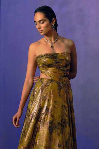 Dolly J Gold Lurex Bandeau Neck Mirage Evening Gown Online at Aza Fashions Dolly J_Gold Lurex Bandeau Neck Mirage Evening Gown _Online_at_Aza_Fashions