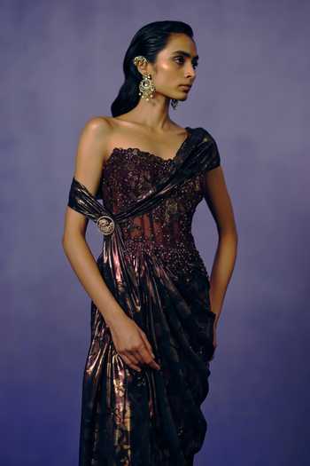 Dolly J Brown Net, Lurex Sequins, Beads One Shoulder Smoked Bronze Evening Gown Online at Aza Fashions Dolly J_Brown Net, Lurex Sequins, Beads One Shoulder Smoked Bronze Evening Gown _Online_at_Aza_Fashions