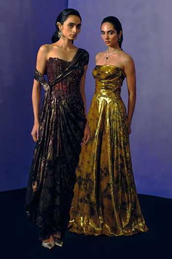 Buy Dolly J Brown Net, Lurex Sequins, Beads One Shoulder Smoked Bronze Evening Gown Online at Aza Fashions Buy_Dolly J_Brown Net, Lurex Sequins, Beads One Shoulder Smoked Bronze Evening Gown _Online_at_Aza_Fashions
