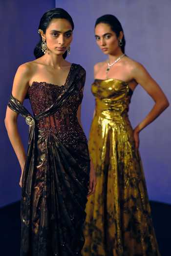 Shop Dolly J Brown Net, Lurex Sequins, Beads One Shoulder Smoked Bronze Evening Gown Online at Aza Fashions Shop_Dolly J_Brown Net, Lurex Sequins, Beads One Shoulder Smoked Bronze Evening Gown _Online_at_Aza_Fashions