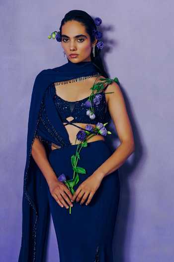 Dolly J Cobalt Crepe, Tulle Sweetheart Neck Celestial Draped Saree Set Online at Aza Fashions Dolly J_Cobalt Crepe, Tulle Sweetheart Neck Celestial Draped Saree Set _Online_at_Aza_Fashions