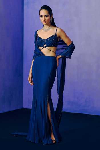 Buy Dolly J Cobalt Crepe, Tulle Sweetheart Neck Celestial Draped Saree Set Online at Aza Fashions Buy_Dolly J_Cobalt Crepe, Tulle Sweetheart Neck Celestial Draped Saree Set _Online_at_Aza_Fashions