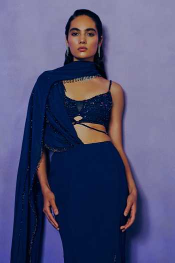 Shop Dolly J Cobalt Crepe, Tulle Sweetheart Neck Celestial Draped Saree Set Online at Aza Fashions Shop_Dolly J_Cobalt Crepe, Tulle Sweetheart Neck Celestial Draped Saree Set _Online_at_Aza_Fashions