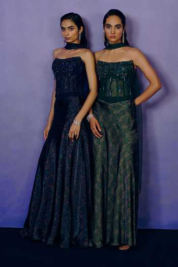 Shop Dolly J Green Crepe, Tulle Embroidery Bandeau Neck Verdant Muse Corset And Skirt Set Online at Aza Fashions Shop_Dolly J_Green Crepe, Tulle Embroidery Bandeau Neck Verdant Muse Corset And Skirt Set _Online_at_Aza_Fashions