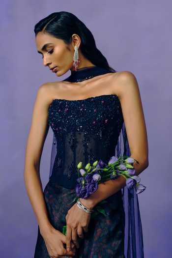 Buy Dolly J Purple Crepe, Tulle Embroidery Bandeau Neck Violet Nocturne Corset And Skirt Set Online at Aza Fashions Buy_Dolly J_Purple Crepe, Tulle Embroidery Bandeau Neck Violet Nocturne Corset And Skirt Set _Online_at_Aza_Fashions