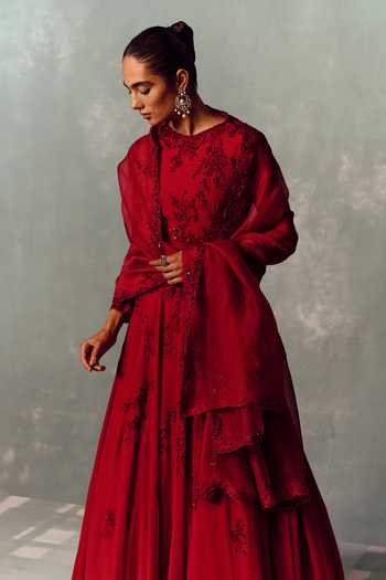 Buy Dolly J Red Organza, Crepe Round Neck The Imperial Ruby Anarkali Set Online at Aza Fashions Buy_Dolly J_Red Organza, Crepe Round Neck The Imperial Ruby Anarkali Set _Online_at_Aza_Fashions