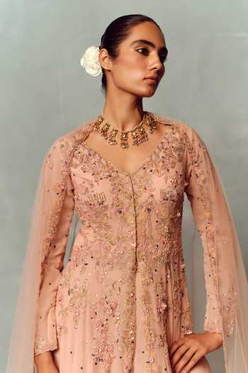 Dolly J Peach Chiffon, Tulle V-neck Sunset Petal Kurta Skirt Set Online at Aza Fashions Dolly J_Peach Chiffon, Tulle V-neck Sunset Petal Kurta Skirt Set _Online_at_Aza_Fashions