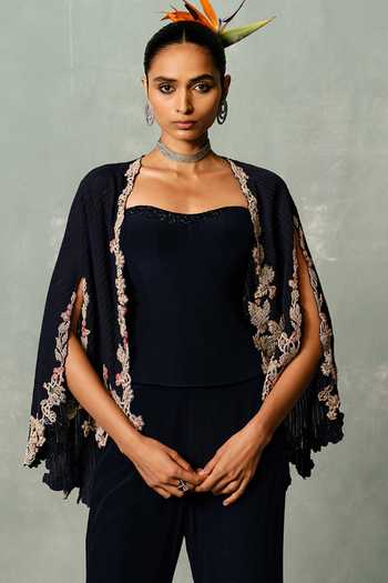 Shop Dolly J Navy Cotton, Crepe Sweetheart , Open Eclipse Royale Cape Pant Set Online at Aza Fashions Shop_Dolly J_Navy Cotton, Crepe Sweetheart , Open Eclipse Royale Cape Pant Set _Online_at_Aza_Fashions