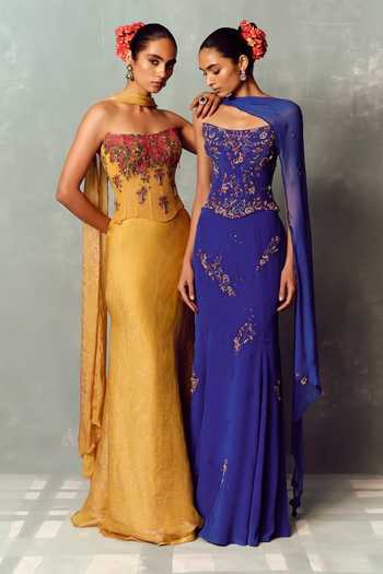 Dolly J Yellow Organza, Net, Tulle Stones Bandeau Neck Soleil Bloom Corset Skirt Set Online at Aza Fashions Dolly J_Yellow Organza, Net, Tulle Stones Bandeau Neck Soleil Bloom Corset Skirt Set _Online_at_Aza_Fashions